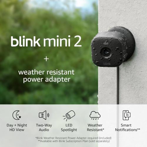 Blink Mini 2 (Newest Model) + Weather Resistant Adapter — Indoor/Outdoor Home Security & Pet Camera(s) with HD video, motion detection, and built-in spotlight — 3 cameras (Black)
