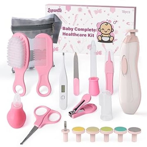Baby Healthcare and Grooming Kit 18 in 1 Baby Electric Nail Trimmer Set Lupantte Nursery Care Kit, Toddler Nail Clippers, Medicine Dispenser, Infant Comb, Brush, etc. Baby Registry Gift - Pink - 18 Piece Set