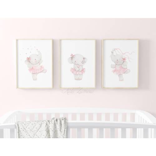 SET of three Girl's art "BALLERINAS ELEPHANTS" Nursery Girl Print, Pink nursery wall art, Ballerinas art, Elephant ballerina, Aida Zamora.