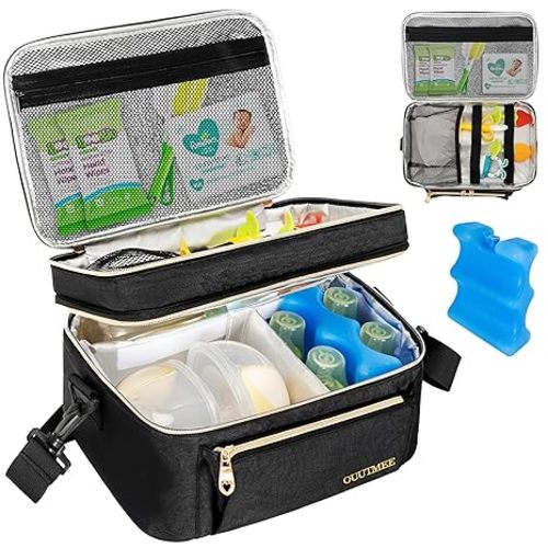 Wearable Breast Pump Bag, Double Layer Breastmilk Cooler Bags Portable Breastfeeding Pumps Carrying Case for Nursing & Working Moms (Ice Pack Included)