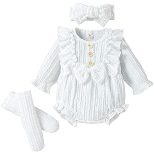 ZAXARRA Newborn Baby Girls Clothes Long Sleeve Button Front Ruffle Romper Socks Headband 3Pcs Set Fall Winter Outfits