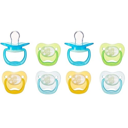 Amazon Brand - Mama Bear Glow-in-The-Dark Baby Pacifier, Stage 1 (0-6M), BPA Free, Assorted Colors (Pack of 8)