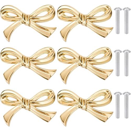 6pcs Bow Shape Cabinets Knobs, Brass Bow Furniture Door Pulls Vintage Gold Drawer Knobs Decorative Bow Dresser Handle Gold Bow Hardware for Dresser Home Kitchen Cupboard Drawer Wardrobe Pulls