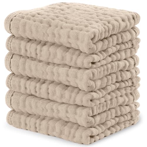 Comfy Cubs Muslin Baby Washcloths 6 Pack - Soft 6-Layer Cotton Wash Cloths for Sensitive Skin - 10"x10" Large, Gentle, Absorbent Infant Essentials for Newborn and Toddlers - Sand