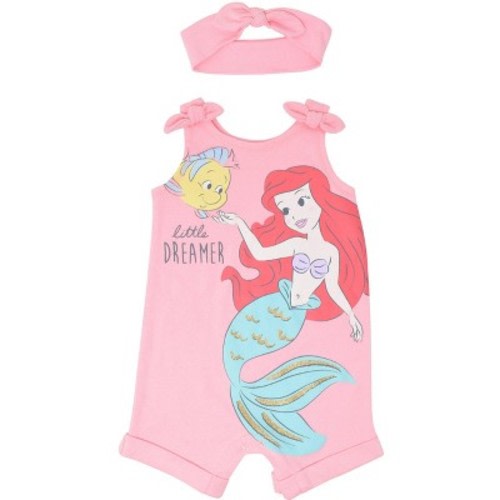 Disney Princess Rapunzel Ariel Belle Jasmine Aurora Baby Girls Snap Romper and Headband Newborn to Toddler, Color: Ariel, Size: 0-3 months