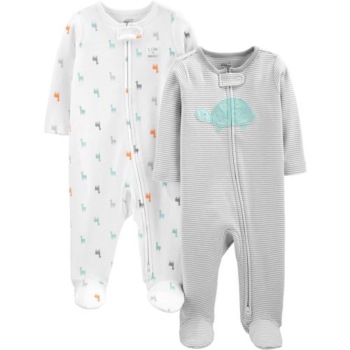 Simple Joys by Carter's Unisex Babies' Cotton Footed Sleep and Play, Pack of 2, Grey Turtle/White Llama, 0-3 Months