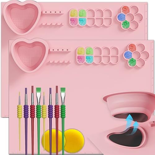 Svartur Silicone Painting Mat with Cup Detachable & Collapsible, 20×16 inches Art Paint Mat for Kids with Paint Brush, Silicone Craft Mat for Creator, Resin Casting, Hot Glue Mat, Pack of 2, Pink