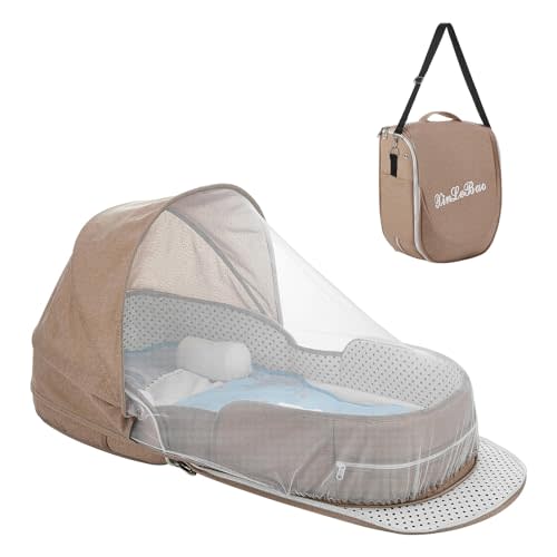 PGONEEE Baby Travel Bassinet Portable Bassinets, Foldable Carry Bag Bassinet Travel Crib, Lightweight Baby Lounger Pod Infant Bed with 2-1 Mosquito & Canopy (Khaki)