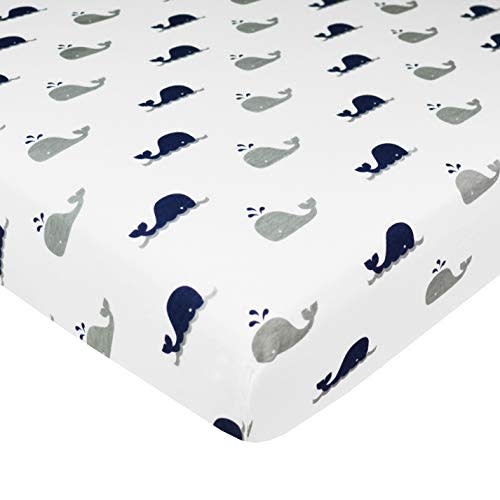 American Baby Company Fitted Mini Crib Sheet 24" x 38", Soft Breathable Neutral 100% Cotton Jersey Portable Sheet, Navy Whale, for Boys and Girls, Fits Most Pack N Play and Mini Crib Mattresses