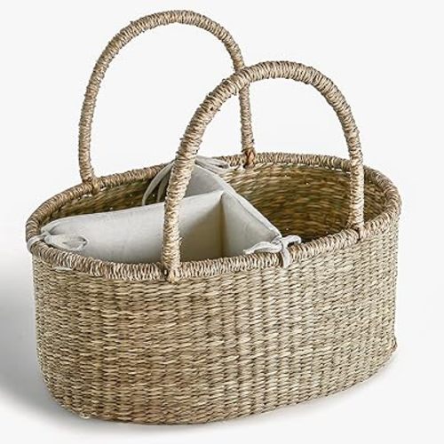 Premium Wicker Baby Diaper Caddy Organizer, Woven Seagrass Basket with Handles, Diaper Basket with Dividers (Seagrass)