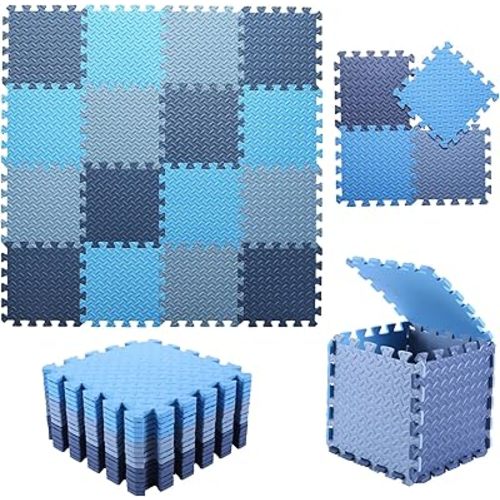 Foam Play Mat for Baby, 0.4 Inch Thick Foam Interlocking Floor Mats, Soft Non-Toxic Baby Playmat, Solid Colored Puzzle Play Mat Kids Floor Mats, 16 Tiles, Dark Blue/Blue/Gray Blue