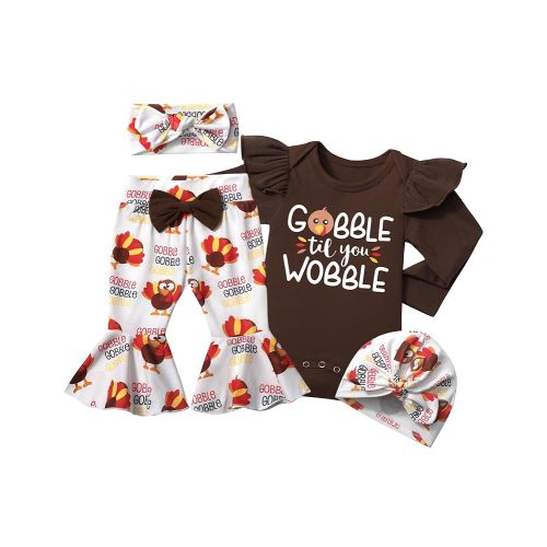 Baby Girl Clothes,4pcs Infant Newborn Girl Outfits Ruffle Romper Baby Bell Bottoms Headband Bandana Clothes Sets Gifts