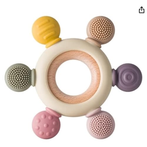 Baby Teething Toys Silicone Teethers BPA Free Silicone Rudder with Wooden Ring Soothe Babies Gums (Khaki)