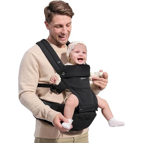 Momcozy Baby Carrier with Hip Seat, 2-in-1 Forward-Facing Carry for Active Babies, Detachable Hands-Free Infant Carrier up to 44lbs, All Seasons Toddler Carrier Fits Waist Sizes up to 45 Inches, Black