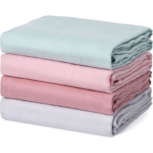 Momcozy Muslin Swaddle Blanket, 4 Pack Large 47 X 47 Inches Breathable Swaddling Receiving Blankets for Baby Boy & Girl, Soft and Skin-Friendly Unisex Baby Blankets, Pink Blue