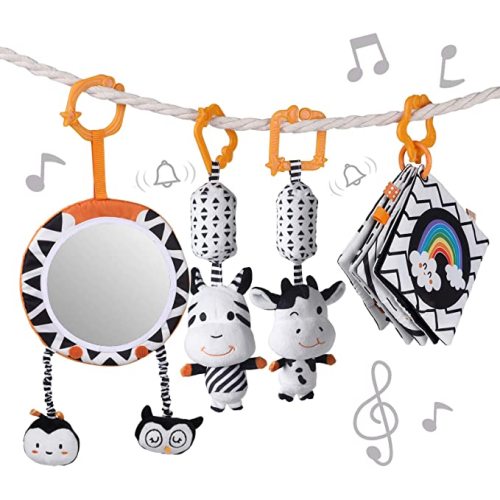 TUMAMA Baby Toys Gift Set Black and White Tummy Time Mirror Plush Rattles Rings and Crinkle Soft Cloth Book Flashcard, Car Seat Stroller Hanging Toy for 0 3 6 9 12 Months Newborn Infant Toddler