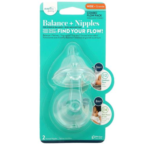 Evenflo Feeding, Balance + Nipples, Combo Flow Pack, Wide, 3+ Months, Medium, 2 Vented Nipples