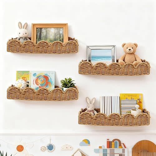 Nursery Book Shelves Set of 4 - Artisanal Natural Rattan Scalloped Book Shelf for Kids Rooms 15.8" W, Cute Wicker Nursery Bookshelf Wall Mounted, Handwoven Floating Kids Bookshelf, Baby Boho Decor