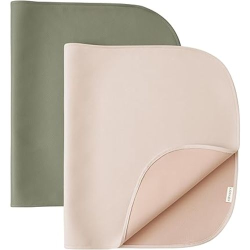 Konssy 2 Pack Faux Leather Baby Changing Mat 30"x17", Foldable and Wipeable Portable Changing Pad, Waterproof and Soft for Travel or Home Use (Fog Green,Beige)