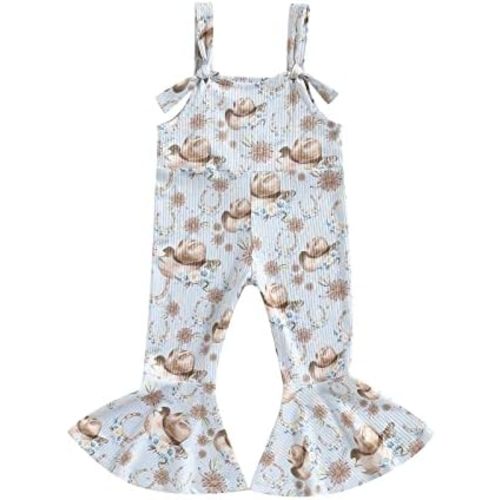 Emmababy Cow Print Toddler Bell Bottoms Romper Floral Overalls Baby Girl Sleeveless Halter Jumpsuit One Piece Western Clothes