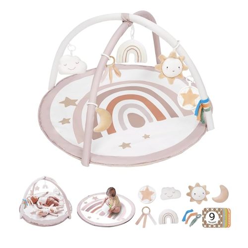 Baby Play Gym Mat, Tummy Time Activity Mat with 7 Detachable Toys and 12 Milestone Cards for Stage-Based Sensory and Motor Skill Development, Washable Play Mats for Infant, Newborn Baby Essentials - Rainbow
