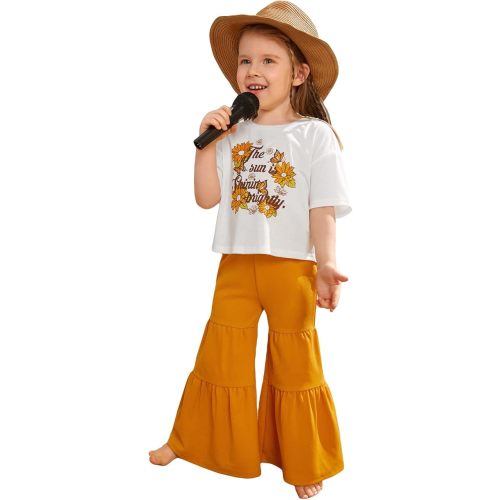 SOLY HUX Girl's Two Piece Outfits Summer Tops Short Sleeve T-Shirt Casual Figure Graphic Tee and Pants Flared Pants Sets