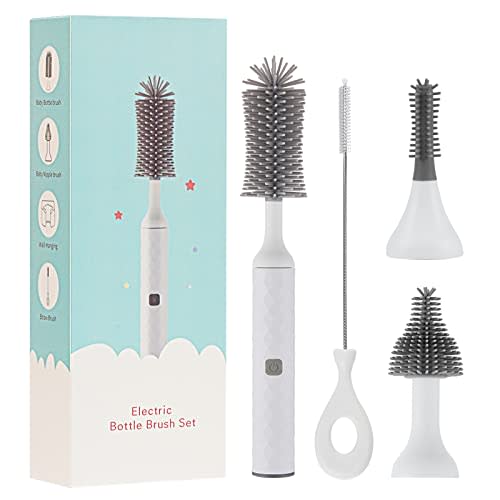 soarup90000 Electric Baby Bottle Brush Set with Electric Bottle Brush and Silicone Bottle/Nipple Brush, Long Straw Cleaner, Rechargeable Bottle Cleaner Electric,Waterproof Water Bottle Cleaner,White
