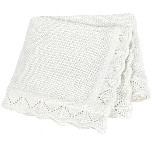 Pinuotu Knitted Baby Blanket for Boys & Girls, 100% Cotton Receiving Swaddle Crib & Stroller Blanket for Newborns, Infants, Toddlers, Milk White, 40 x 31 Inches