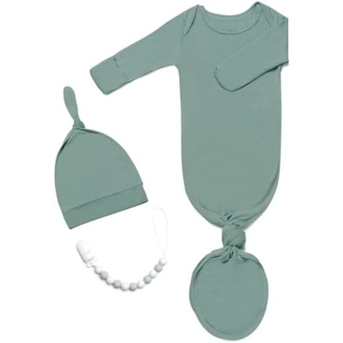 Knotted Gown Baby Newborn Hospital Outfit, Modal Infant Sleeper Gowns with Pacifier Clip and Hat Set, Nightgowns 0-3 Months