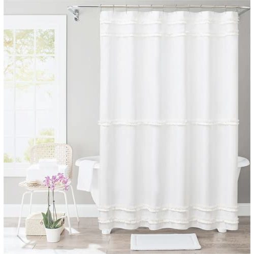 YmarisisiY White Stripe Ruffle White Shower Curtain,White Handmade Ruffle Shower Curtain Shabby Chic Farmhouse Style Bathroom Decor, Waterproof and Easy Care, 72" W x 72" H
