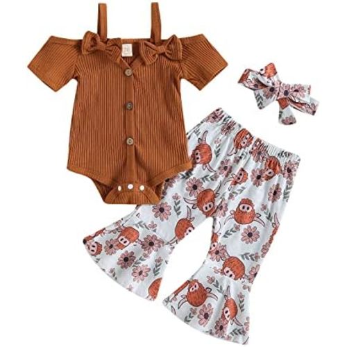 Lefyira Cow Print Bell Bottoms Outfits Toddler Girl Short Sleeve Romper Rib Knit Button Bodysuit Flare Pants Clothes Summer