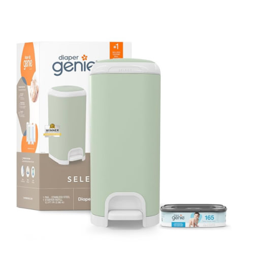 Diaper Genie Select Pail (Green) is Made of Durable Stainless Steel and Includes 1 Starter Square Refill That can Hold up to 165 Newborn-Sized Diapers.