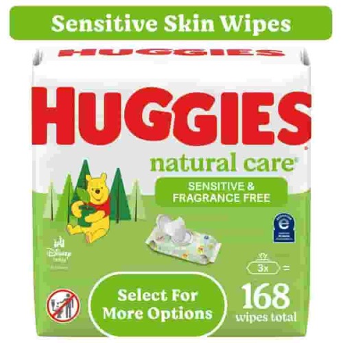 Huggies Natural Care Sensitive Baby Wipes, Unscented, 3 Pack, 168 Ct, Hypoallergenic, Dermatologist-Tested