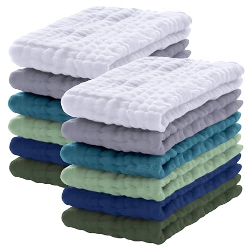 Lovely Care 12 Pack Muslin Burp Cloths 100% Cotton Muslin Cloths Large 20''x10'' Extra Soft and Absorbent Baby Burping Cloth - Slate, Navy & Grey