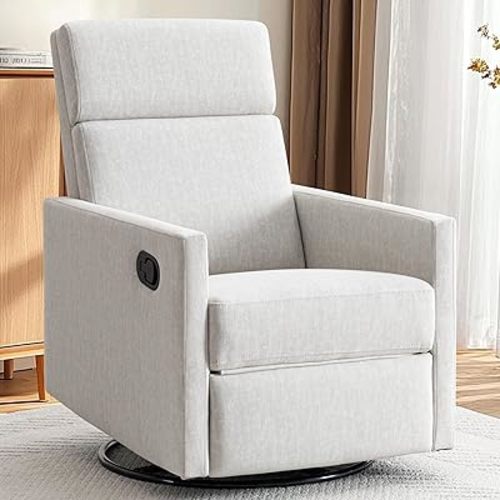 Swivel Rocker Recliner Chair for Adults,Glider Rocking Recliner Nursery Chair with Large Footrest for Living Room,Fabric Reclining Single Sofa Chair (Beige)