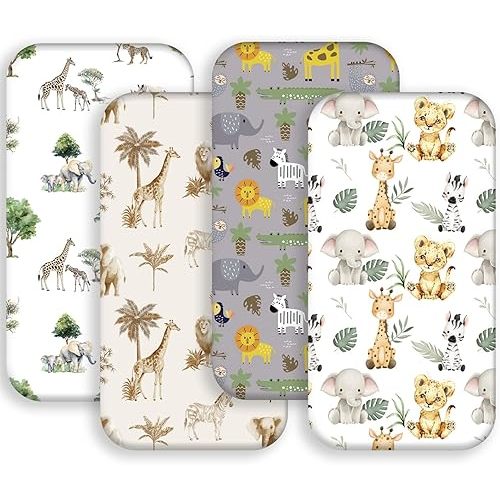 4 Pack Safari Jungle Animals Neutral Unisex Fitted Nursery Baby Bassinet Sheets