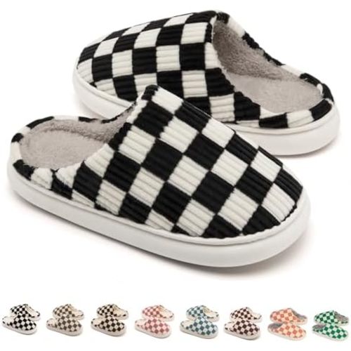House Slippers for Woman Men, Womens Slippers on Fuzzy House Shoes Memory Foam Checkered Scuff Outdoor Indoor Warm Plush Bedroom Shoes with Faux Fur Lining Size