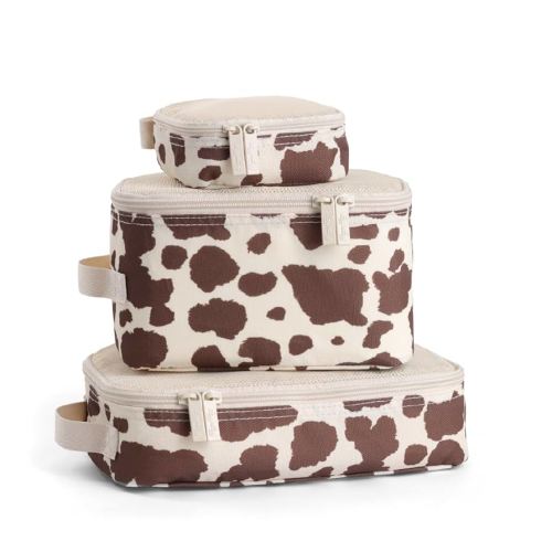 Itzy Ritzy Packing Cubes for Travel Set of 3 Packing Organizers; Each Travel Cube Features a Mesh Top, Double Zippers and a Fabric Handle (Cow Print)