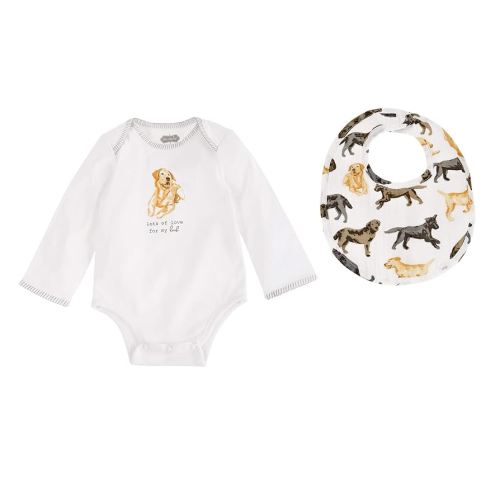 Mud Pie Yellow Lab Dog Print Baby Crawler & Bib Set , 2 Piece Set