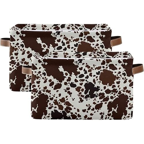 Storage Basket Cow Print Rectangular Collapsible Canvas Shelves Storage Bins with Leather Handles for Shelves Home Closet Bedroom Living Room, 2Pack