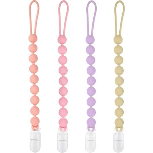 Silicone Pacifier Clip Holder, 4 Pack One Piece Soft Flexible Binky Clips Pacifier Holder Clip for Girls, Baby Newborn Essentials, Teething Relief, Birthday Christmas Shower Gift