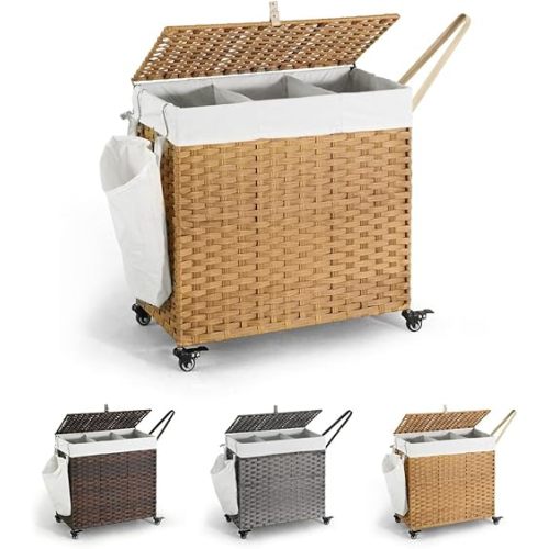 CAPHAUS Handwoven Laundry Basket with Lid and Wheels, 140L Synthetic Rattan Hamper for Clothes Storage, Removable Liner & Mesh Bags, Natural
