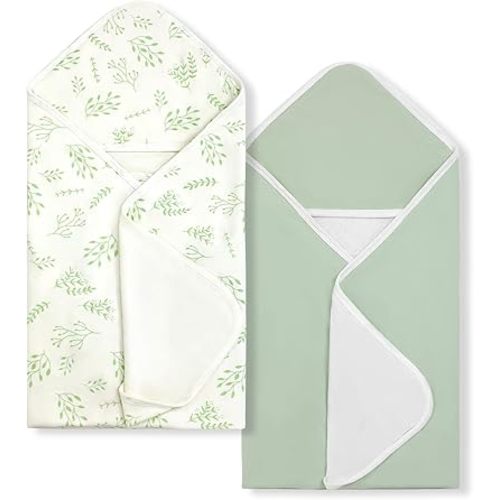 Baby Towels 2 Pack,Hooded Baby Towels Set,Baby Infant Bath Towels with Hood,Soft and Absorbent Nursery Towel,Large 28x28 Inch, Newborn Essential(Mint Green Leaves + Mint Green)