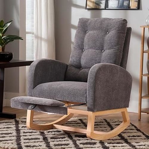 Accent Rocking Chair with Footrest, Nursery Rocking Chairs with Side Pocket/Rubber Wood Legs, Upholstered High Back, Armchair Lounge Reclining Chair for Living Room Baby Room Bedroom (Gray)