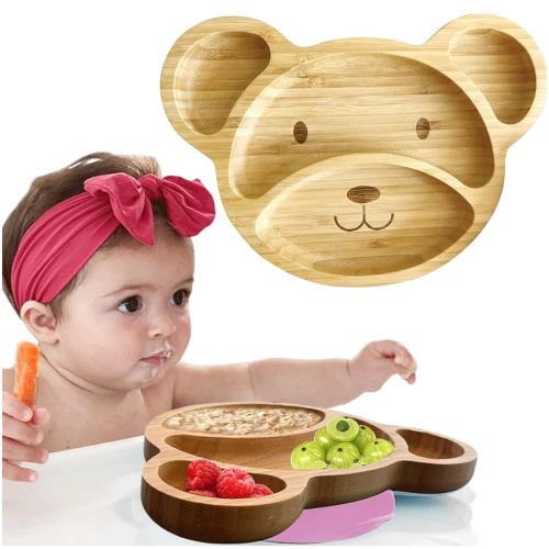 Bamboo Plates for Kids - Baby & Toddler Plates with Suction for Feeding & Weaning, Eco-Friendly Bear Design Promotes Self-Feeding, Ideal for Busy Moms & Dads, Sturdy & BPA-Free (Pink)