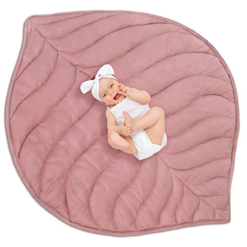 Funtery Baby Play Mat 56 x 42 Inch Cotton Crawling Cushion Cotton Nursery Rug Large Thick Soft Reversible Washable Folding Floor Playpen Mat Nursery Decor Rug for Girls Boys(Pink,Leaf)