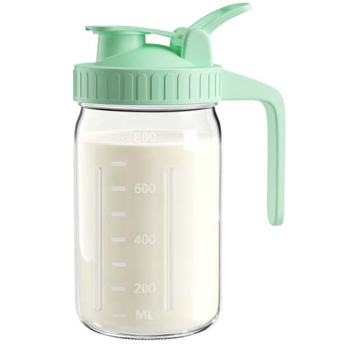 GOSCHE Breast Milk Pitcher,Wide Mouth Glass Mason Jar Pitcher with Green Flip Cap Lid and Pour Spout, Airtight Seal for Freshness and Safe Milk, 32oz