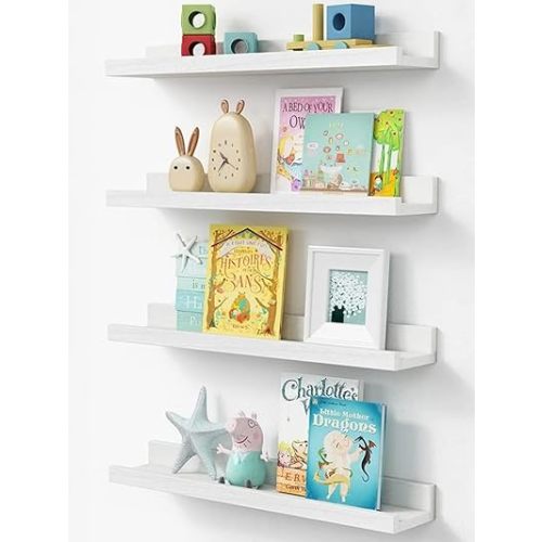 Forbena 24 Inch Floating Nursery Book Shelves for Wall, White Kids Wall Bookshelf for Bedroom, Picture Ledge Shelf with Lip for Baby Bathroom, Living Room Office Art Books (Solid Wood, Set of 4)