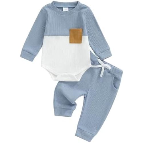 Newborn Baby Boy Fall Outfit Romper Long Sleeve Solid Onesie Jumpsuit Bodysuit Elastic Waist Pants Infant Waffle Clothes