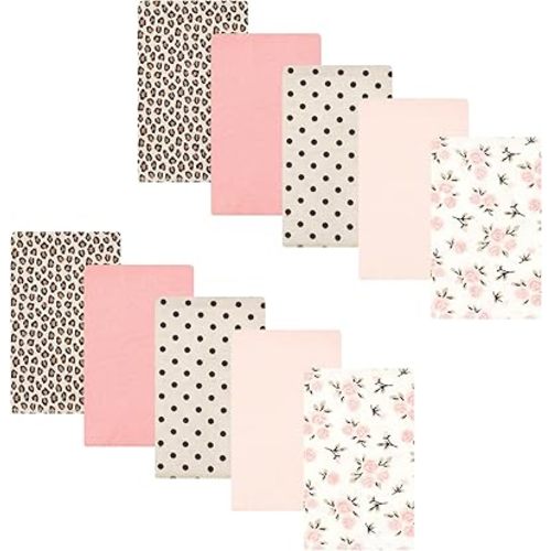 Hudson Baby Unisex Baby Cotton Flannel Burp Cloths, Neutral Pink Floral 10 Pack, One Size
